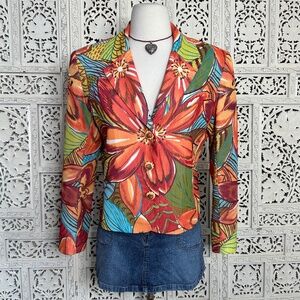 Lorizoni 100% Silk Floral Colorful Bright Tropical Button Up Blazer Sz Small